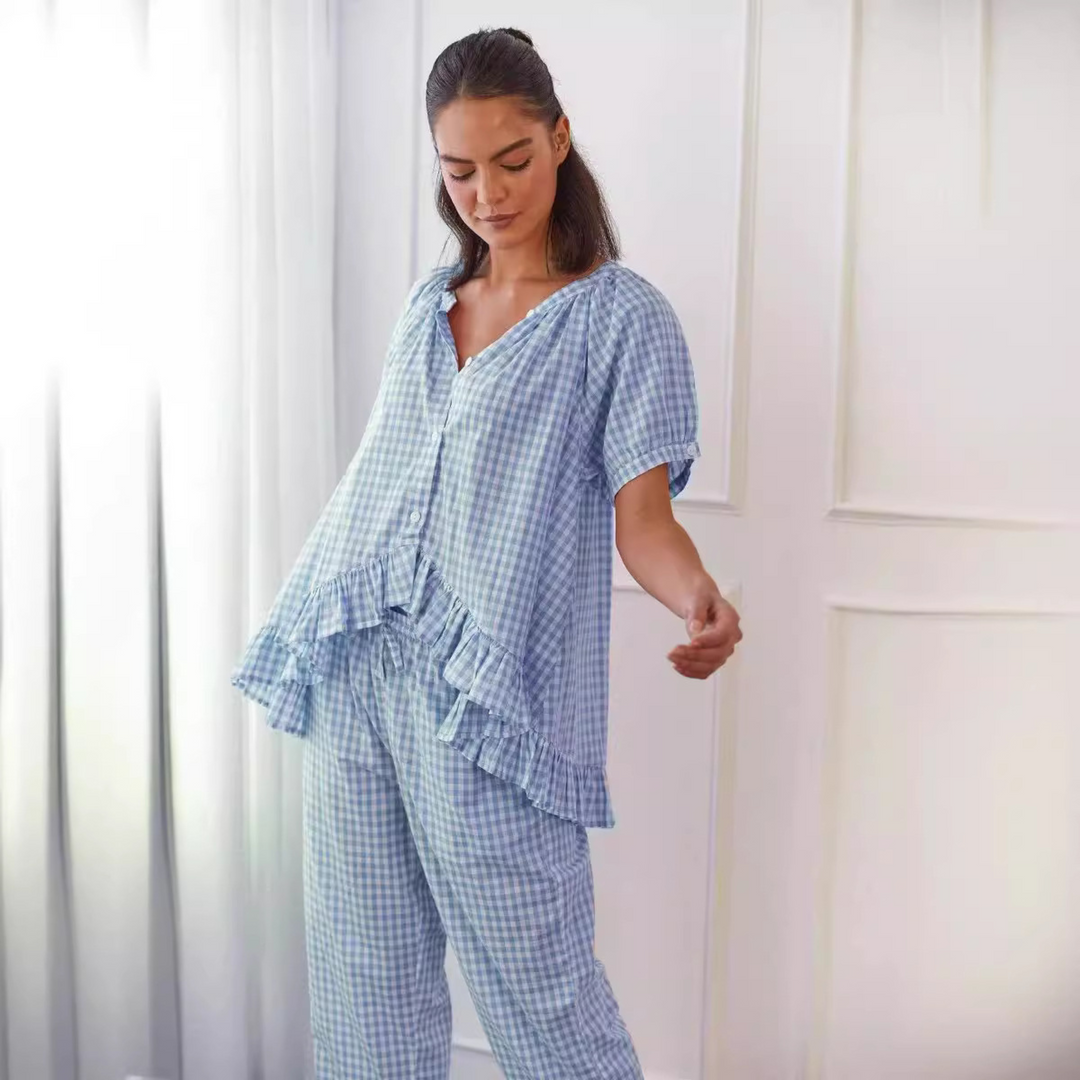 NEVERLAND™ - Ensemble décontracté à carreaux, haut à manches bouffantes et pantalon