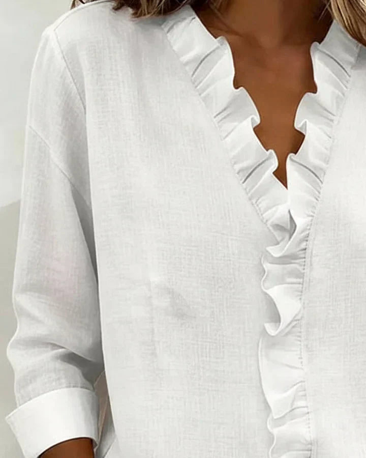 Ruffled V Neck Blouse Relaxed Fit Lightweight Fabric