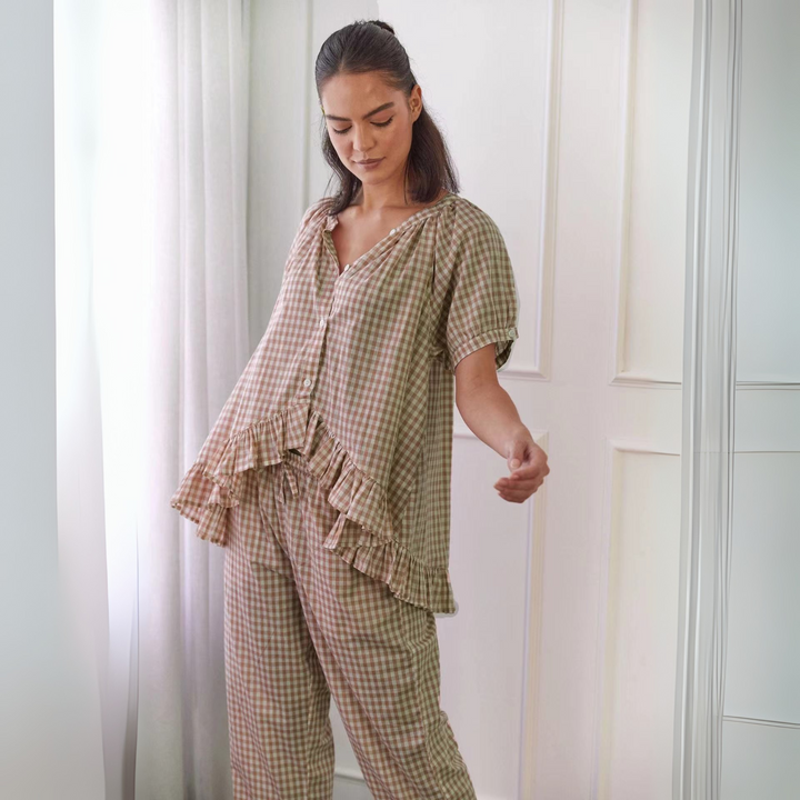 NEVERLAND™ - Ensemble décontracté à carreaux, haut à manches bouffantes et pantalon