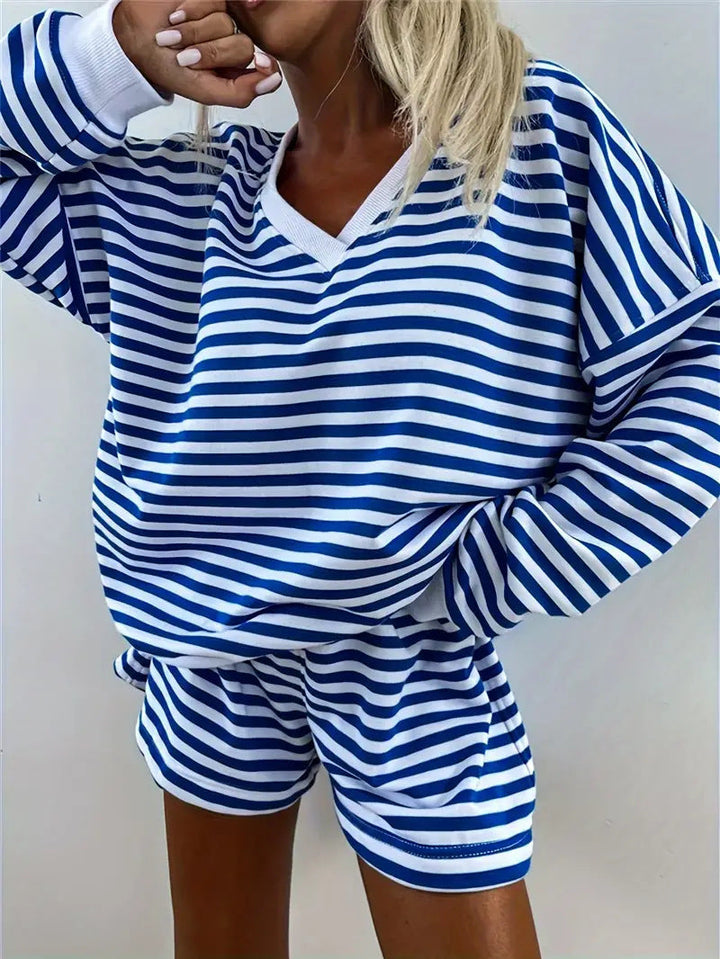 NOLANI™ – Ensemble lounge rayé à col en V et coupe décontractée