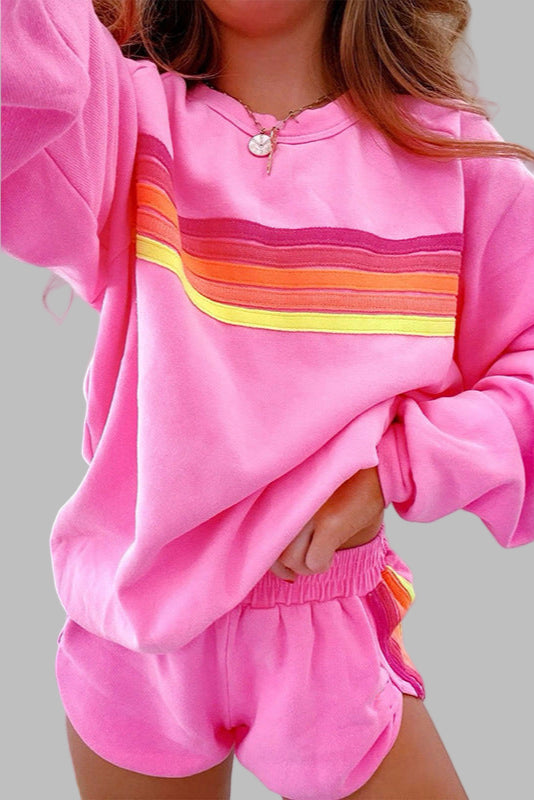 JOVIE™ - Ensemble pyjama confortable à rayures, haut à col rond et short