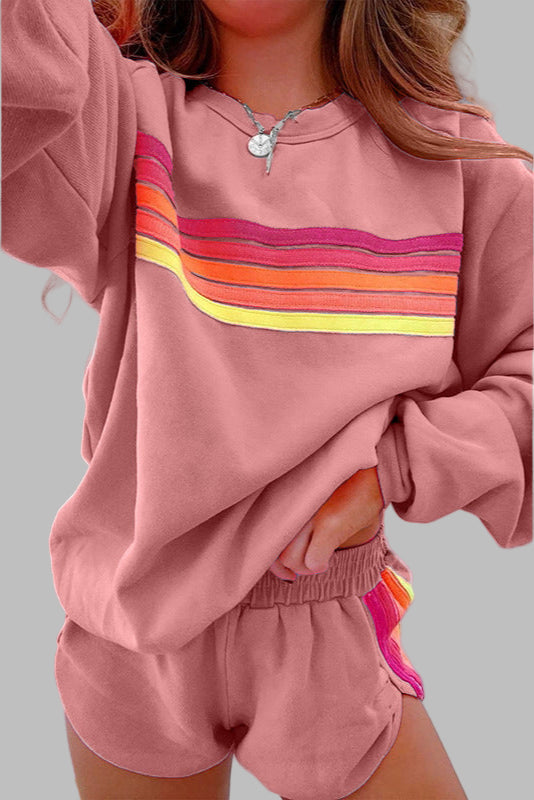 JOVIE™ - Ensemble pyjama confortable à rayures, haut à col rond et short