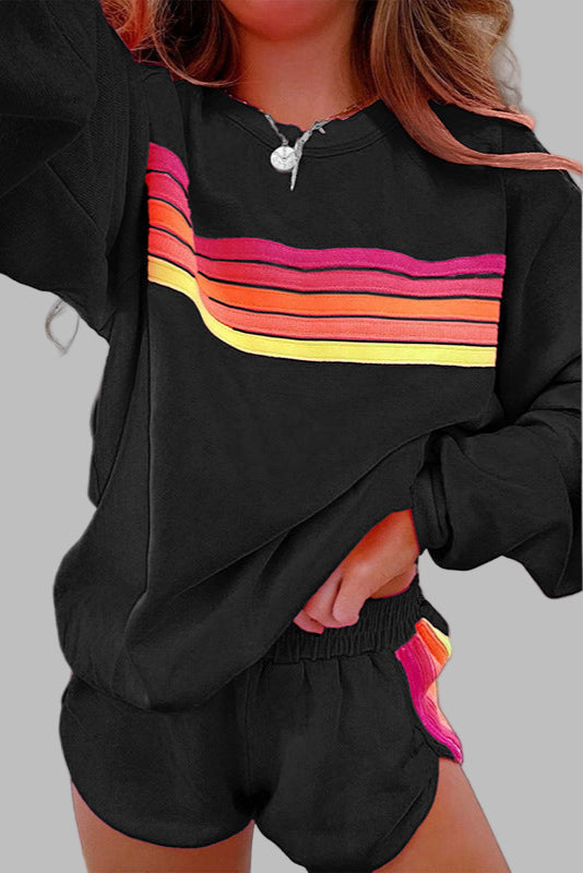 JOVIE™ - Ensemble pyjama confortable à rayures, haut à col rond et short