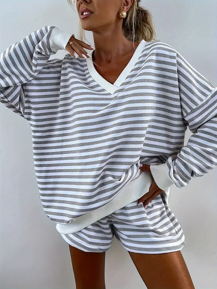 NOLANI™ – Ensemble lounge rayé à col en V et coupe décontractée
