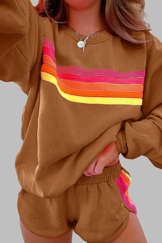 JOVIE™ - Ensemble pyjama confortable à rayures, haut à col rond et short
