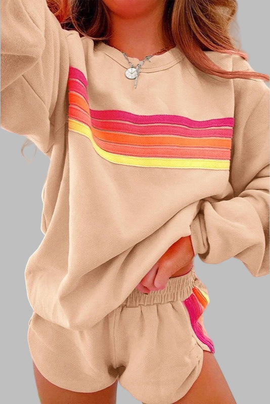 JOVIE™ - Ensemble pyjama confortable à rayures, haut à col rond et short
