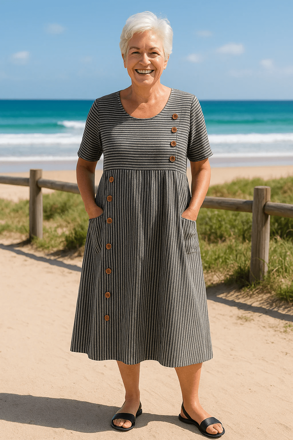 Jarna | Striped Button Midi Dress